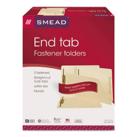 Smead Manila End Tab 2-Fastener Folders with Reinforced Tabs, 0.75" Expansion, Straight Tab, Letter Size, 11 pt. Manila, 50/Box (34115)