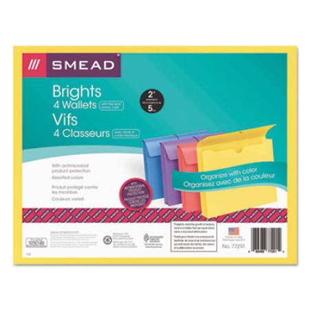Smead Expanding Wallet with Antimicrobial Product Protection, 2" Expansion, 1 Section, Letter Size, Assorted, 4/Pack (77291)