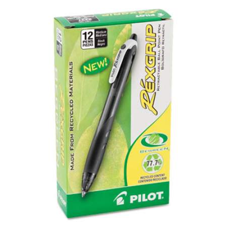 Pilot RexGrip BeGreen Ballpoint Pen, Retractable, Medium 1 mm, Black Ink, Black Barrel, Dozen (32370)