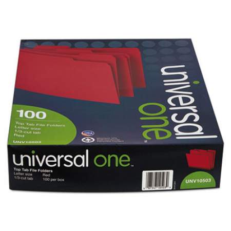 Universal Deluxe Colored Top Tab File Folders, 1/3-Cut Tabs, Letter Size, Red/Light Red, 100/Box (10503)