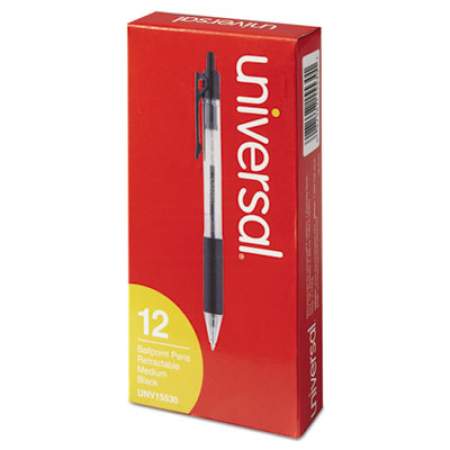 Universal Comfort Grip Ballpoint Pen, Retractable, Medium 1 mm, Black Ink, Clear Barrel, Dozen (15530)