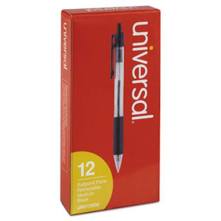 Universal Comfort Grip Ballpoint Pen, Retractable, Medium 1 mm, Black Ink, Clear Barrel, Dozen (15530)