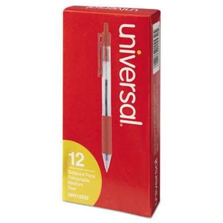 Universal Comfort Grip Ballpoint Pen, Retractable, Medium 1 mm, Red Ink, Clear Barrel, Dozen (15532)