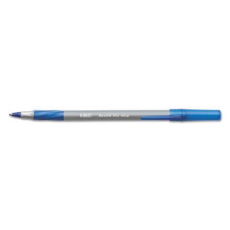 BIC Round Stic Grip Xtra Comfort Ballpoint Pen, Stick, Fine 0.8 mm, Blue Ink, Gray/Blue Barrel, Dozen (GSFG11BE)