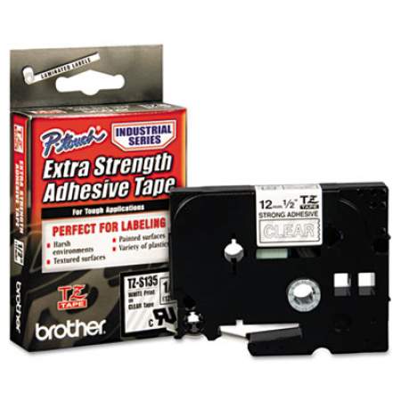 Brother P-Touch TZ Extra-Strength Adhesive Laminated Labeling Tape, 0.47" x 26.2 ft, White on Clear (TZES135)