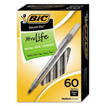 BIC Round Stic Xtra Life Ballpoint Pen Value Pack, Stick, Medium 1 mm, Black Ink, Smoke Barrel, 60/Box (GSM609BK)