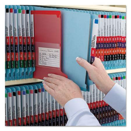 Smead End Tab Colored Pressboard Classification Folders with SafeSHIELD Coated Fasteners, 2 Dividers, Legal Size, Blue, 10/Box (29781)