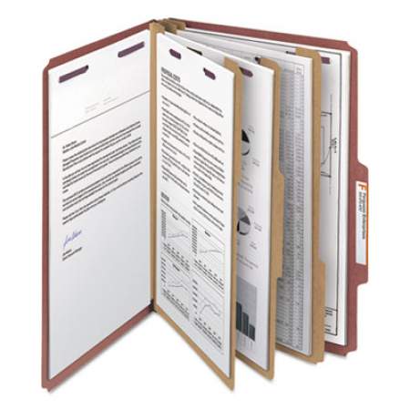 Smead Pressboard Classification Folders with SafeSHIELD Coated Fasteners, 2/5 Cut, 3 Dividers, Legal Size, Red, 10/Box (19092)