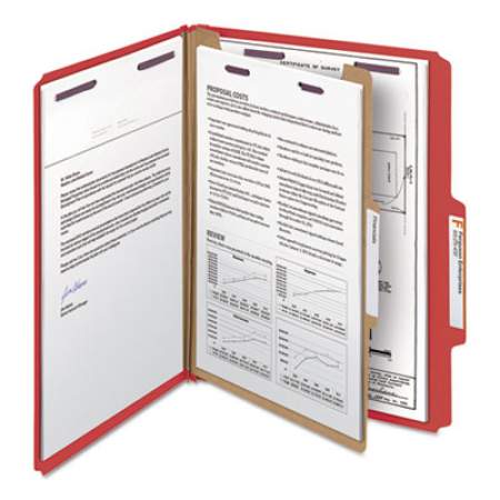 Smead Four-Section Pressboard Top Tab Classification Folders with SafeSHIELD Fasteners, 1 Divider, Letter Size, Bright Red, 10/Box (13731)