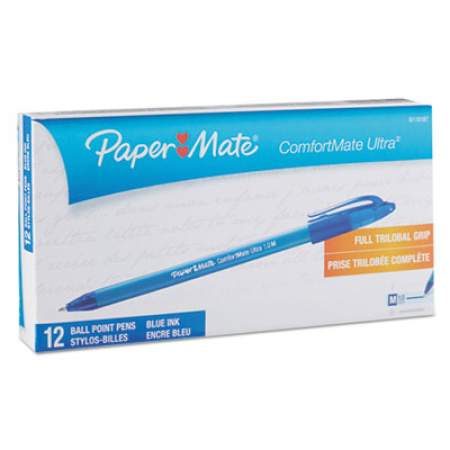 Paper Mate ComfortMate Ultra Ballpoint Pen, Stick, Medium 1 mm, Blue Ink, Blue Barrel, Dozen (6110187)