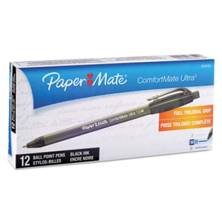 Paper Mate ComfortMate Ultra Ballpoint Pen, Retractable, Medium 1 mm, Black Ink, Black Barrel, Dozen (6330187)