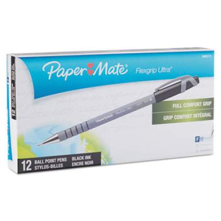 Paper Mate FlexGrip Ultra Ballpoint Pen, Stick, Fine 0.8 mm, Black Ink, Gray Barrel, Dozen (9680131)