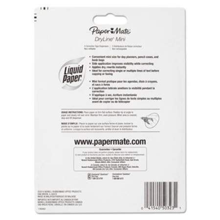 Paper Mate Liquid Paper DryLine Mini Correction Tape, 1/5" x 197", Non-Refillable, 5/Pack (5032315)