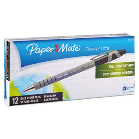 Paper Mate FlexGrip Ultra Ballpoint Pen, Retractable, Medium 1 mm, Black Ink, Black/Gray Barrel, Dozen (9530131)