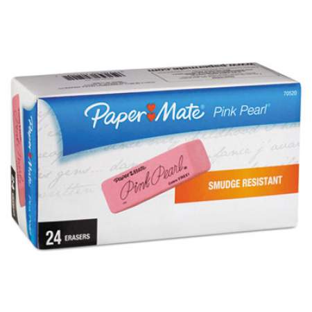 Paper Mate Pink Pearl Eraser, For Pencil Marks, Rectangular Block, Medium, Pink, 24/Box (70520)