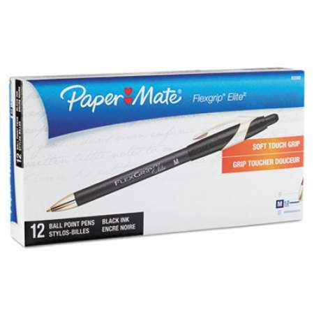 Paper Mate FlexGrip Elite Ballpoint Pen, Retractable, Medium 1 mm, Black Ink, Black Barrel, Dozen (85580)