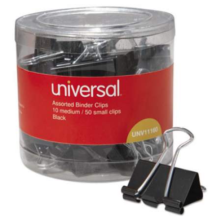 Universal Binder Clips in Dispenser Tub, Assorted Sizes, Black/Silver, 60/Pack (11160)