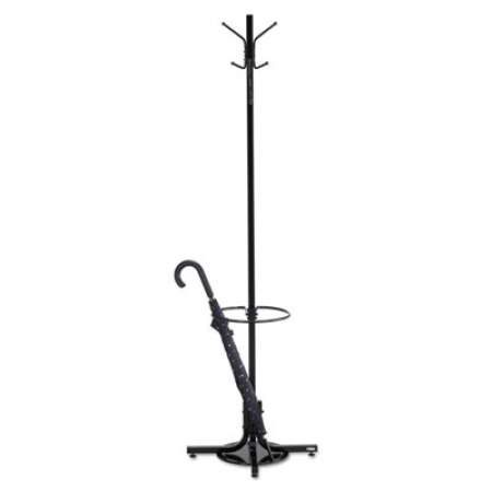 Safco Metal Costumer w/Umbrella Holder, Four Ball-Tipped Double-Hooks, 21w x 21d x 70h, Black (4168BL)