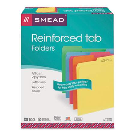 Smead Reinforced Top Tab Colored File Folders, 1/3-Cut Tabs, Letter Size, Assorted, 100/Box (11993)