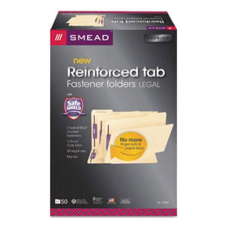 Smead Manila 2-Fastener Folders with Two SafeSHIELD Coated Fasteners, 1/3-Cut Tabs, Letter Size, 50/Box (14555)