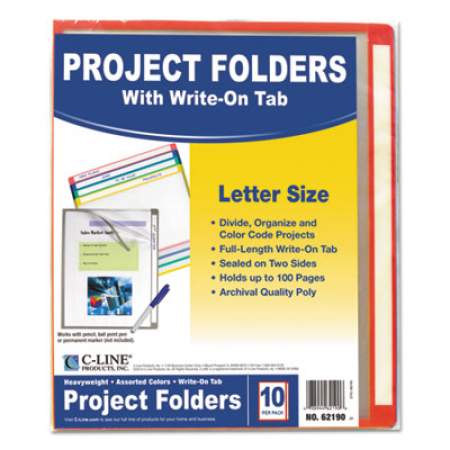 C-Line Write-On Project Folders, Straight Tab, Letter Size, Assorted Colors, 10/Pack (62190)