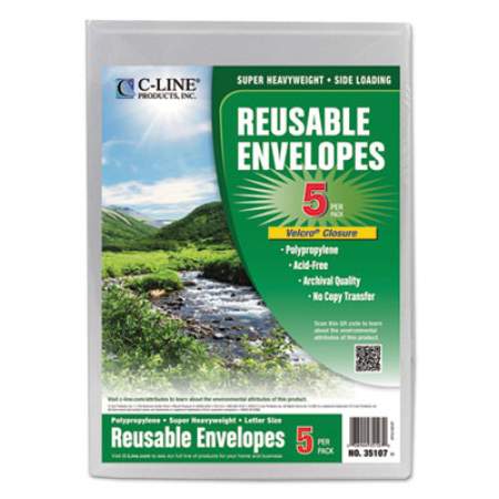 C-Line Reusable Poly Envelope, Hook and Loop Closure, 9.38 x 13, Clear, 5/Pack (35107)