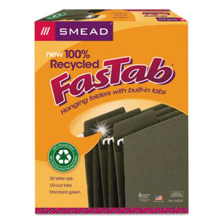 Smead FasTab Hanging Folders, Letter Size, 1/3-Cut Tab, Standard Green, 20/Box (64037)