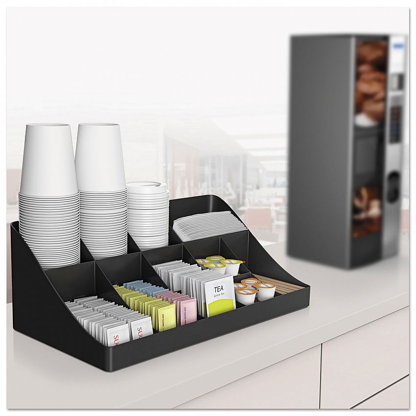 11-Compartment Coffee Condiment Organizer, 18.25 x 6.63 x 9.78, Black (COMORGBLK)