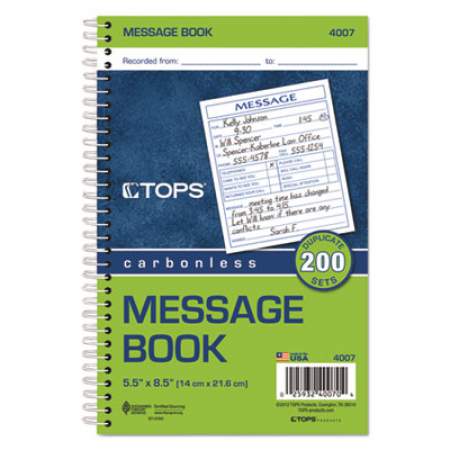 TOPS Spiralbound Message Book, Two-Part Carbonless, 4.25 x 5, 2/Page, 200 Forms (4007)