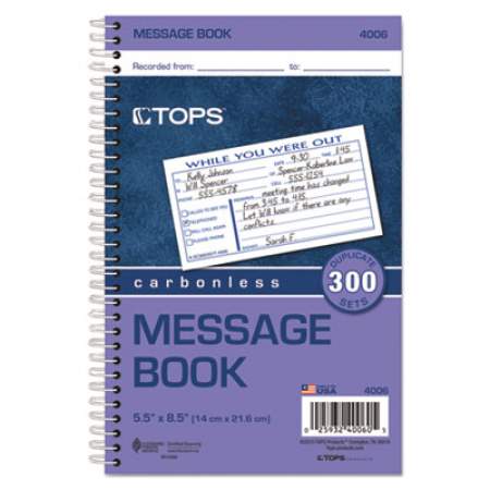 TOPS Spiralbound Message Book, Two-Part Carbonless, 2.83 x 5, 3/Page, 300 Forms (4006)