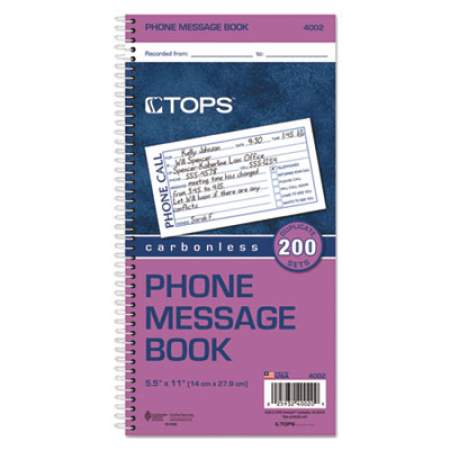 TOPS Spiralbound Message Book, Two-Part Carbonless, 2.75 x 5, 4/Page, 200 Forms (4002)
