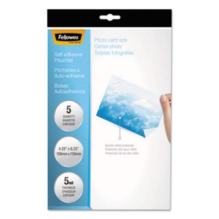Fellowes Self-Adhesive Laminating Pouches, 5 mil, 4.25" x 6.25", Gloss Clear, 5/Pack (5220401)