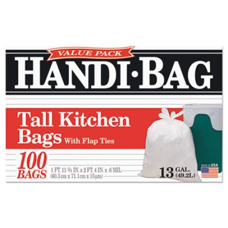 Handi-Bag Super Value Pack, 13 gal, 0.6 mil, 23.75" x 28", White, 100/Box (HAB6FK100)