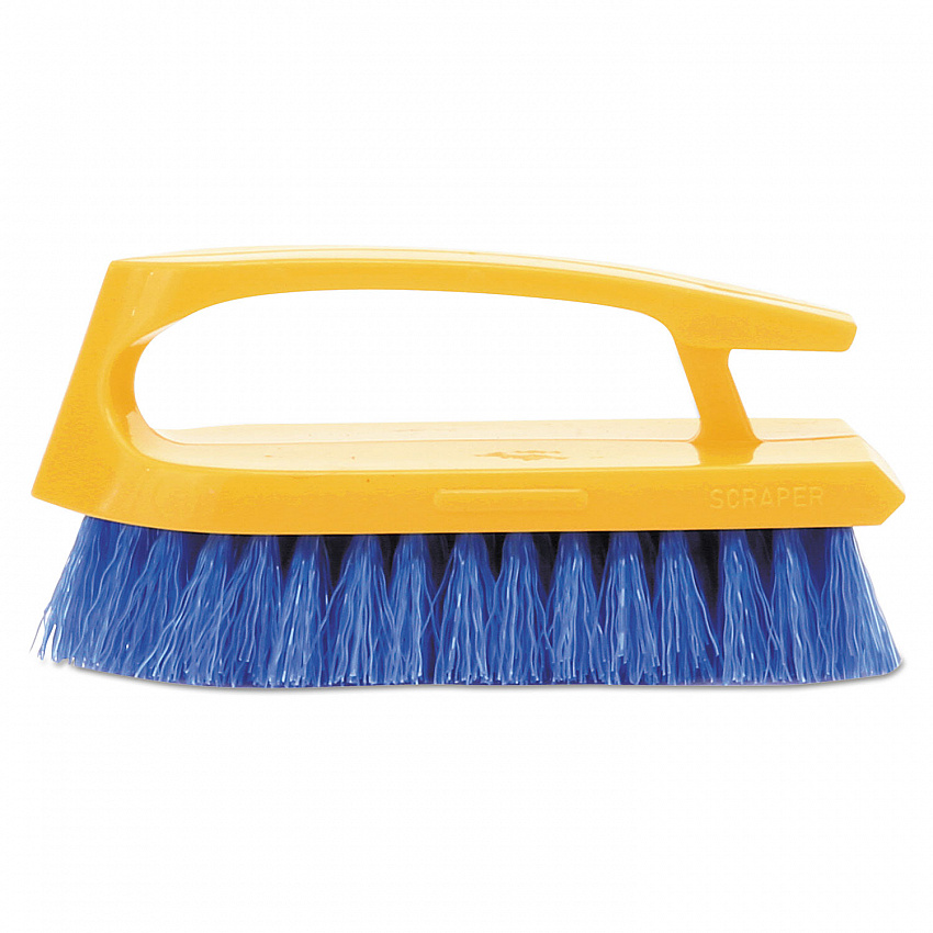 Iron-Shaped Handle Scrub Brush, Blue Polypropylene Bristles, 6" Brush, 6" Yellow Plastic Handle (6482COB)