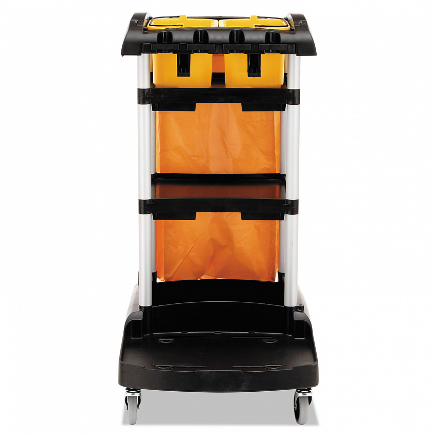 High Capacity Cleaning Cart, Plastic, 4 Shelves, 2 Bins, 21.75" x 49.75" x 38.38", Black (9T7200BK)