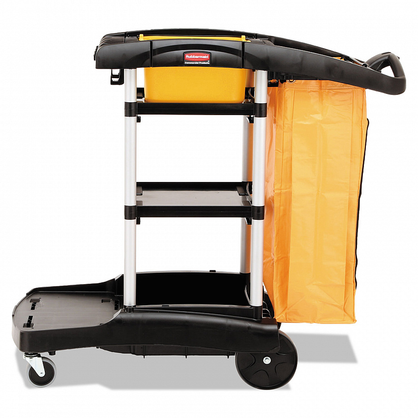 High Capacity Cleaning Cart, Plastic, 4 Shelves, 2 Bins, 21.75" x 49.75" x 38.38", Black (9T7200BK)