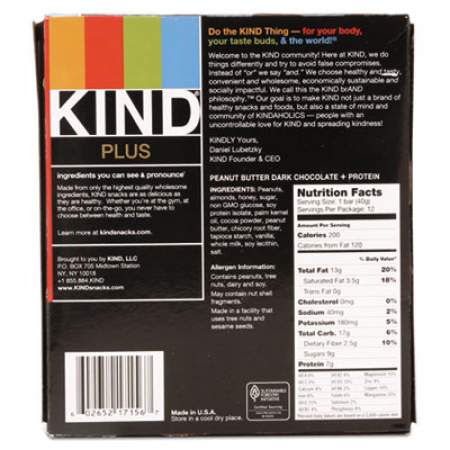 KIND Plus Nutrition Boost Bar, Peanut Butter Dark Chocolate/Protein, 1.4 oz, 12/Box (17256)