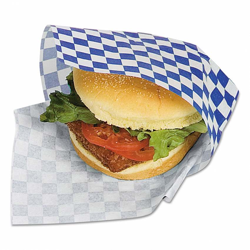 Grease-Resistant Paper Wraps and Liners, 12 x 12, Blue Check, 1,000/Box, 5 Boxes/Carton (057850)