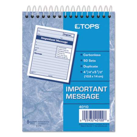 TOPS Telephone Message Book with Fax/Mobile Section, Two-Part Carbonless, 4.25 x 5.5, 1/Page, 50 Forms (4010)