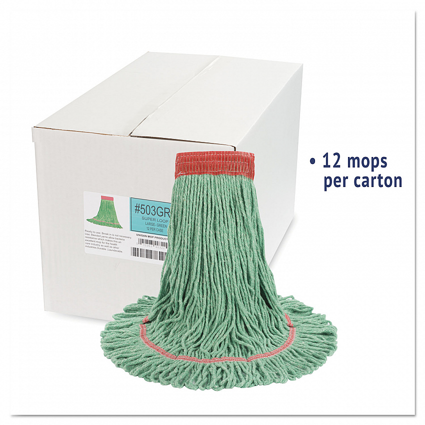Super Loop Wet Mop Head, Cotton/Synthetic Fiber, 5" Headband, Large Size, Green, 12/Carton (503GNCT)