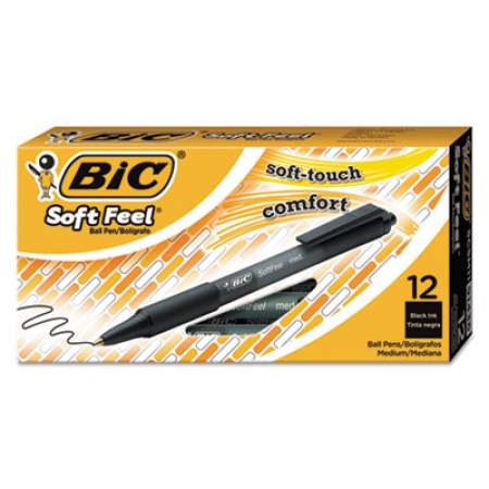 BIC Soft Feel Ballpoint Pen, Retractable, Medium 1 mm, Black Ink, Black Barrel, Dozen (SCSM11BK)