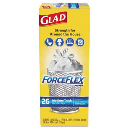 Glad ForceFlex Medium Quick-Tie Trash Bags, 0.69 mil, 8 gal, White, 26/Box (70403BX)