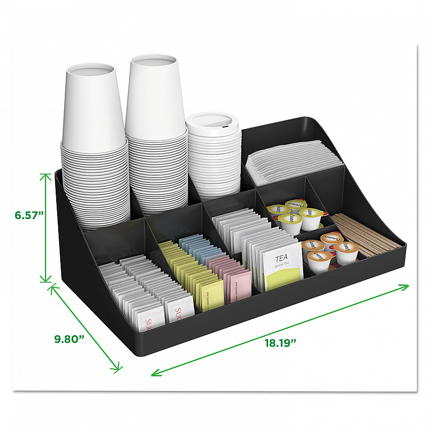 11-Compartment Coffee Condiment Organizer, 18.25 x 6.63 x 9.78, Black (COMORGBLK)