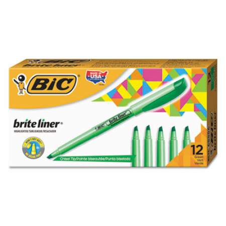 BIC Brite Liner Highlighter, Fluorescent Green Ink, Chisel Tip, Green/Black Barrel, Dozen (BL11GN)