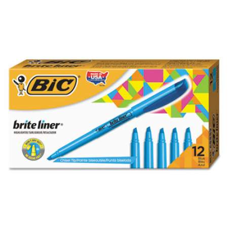 BIC Brite Liner Highlighter, Fluorescent Blue Ink, Chisel Tip, Blue/Black Barrel, Dozen (BL11BE)