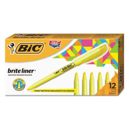 BIC Brite Liner Highlighter, Fluorescent Yellow Ink, Chisel Tip, Yellow/Black Barrel, Dozen (BL11YW)