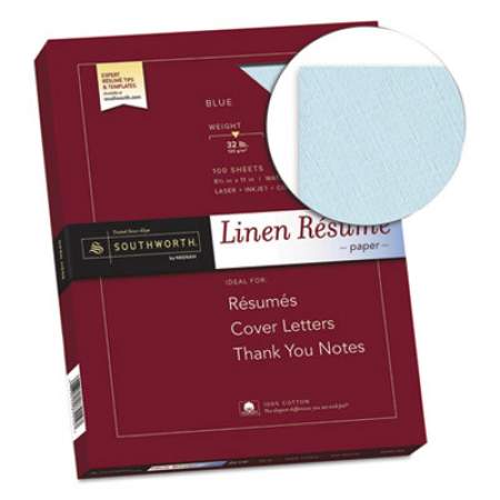 Southworth 100% Cotton Premium Weight Linen Resume Paper, 32 lb, 8.5 x 11, Blue, 100/Pack (RD18BCFLN)