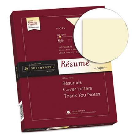 Southworth 100% Cotton Resume Paper, 24 lb, 8.5 x 11, Ivory, 100/Pack (R14ICF)