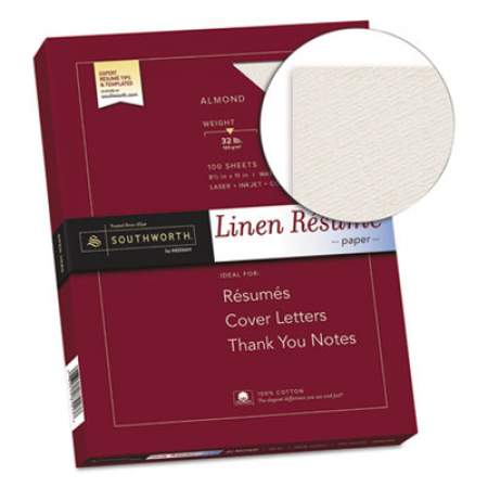 Southworth 100% Cotton Premium Weight Linen Resume Paper, 32 lb, 8.5 x 11, Almond, 100/Pack (RD18ACFLN)