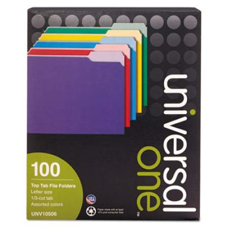 Universal Deluxe Colored Top Tab File Folders, 1/3-Cut Tabs, Letter Size, Assorted, 100/Box (10506)